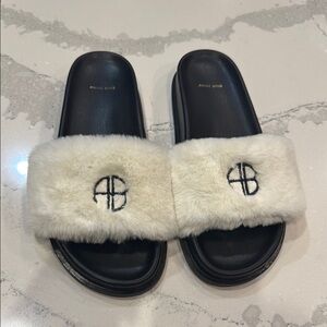 Anine Bing Black and White Fur Slides